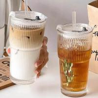 Taza De Café De Vidrio JIRO 600ML Con Estampado Rayado Y Palito, Tapa Incluida Para Agua Café Té Claro Utensilios De Cocina - details 0