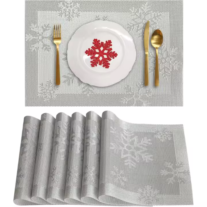 Juego de 4 manteles navideños individuales de tela antideslizante, lavables, para mesa de cocina (plateado nieve) - 1