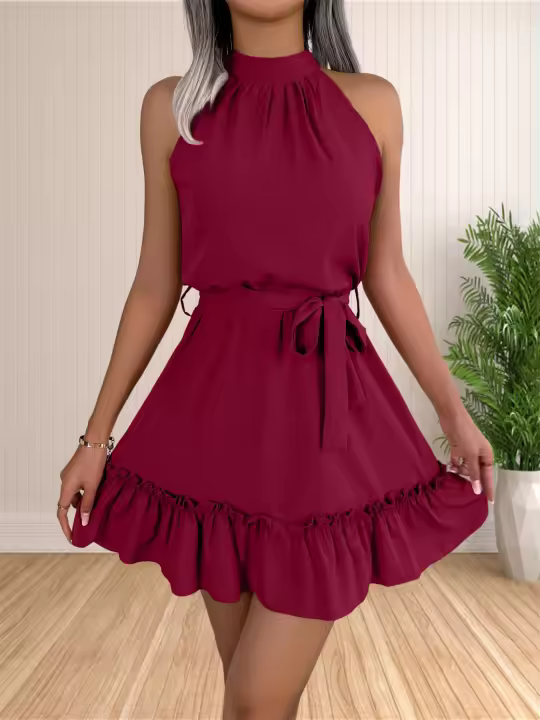 Vestido Mini De Verano Para Mujer Estilo Casual Playa Sin Mangas A-Line Con Volante Halter Sudadera De Poliéster Silueta A-Line - 1