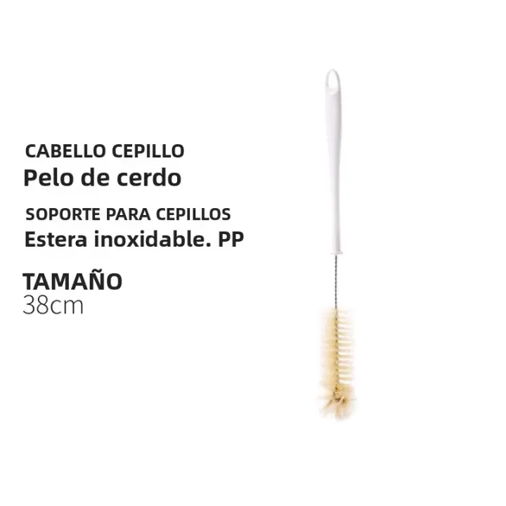 Cepillo De Limpieza Para Botella Con Mango Largo De Plástico Cerdas De Pelo De Cerdo Acero Inoxidable Herramienta Multifuncional Para Limpieza Del Hogar Tamaño 38CM Color Blanco+ Amarillo - 1