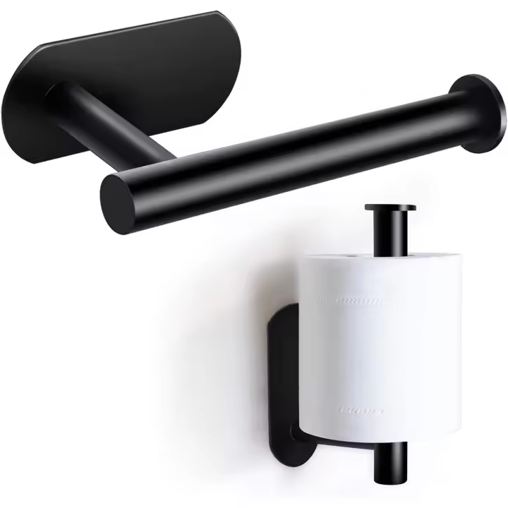 Portarrollos de papel higiénico de primera calidad, sin perforaciones, de acero inoxidable, para montaje en pared, para cocina y baño, color negro - 1
