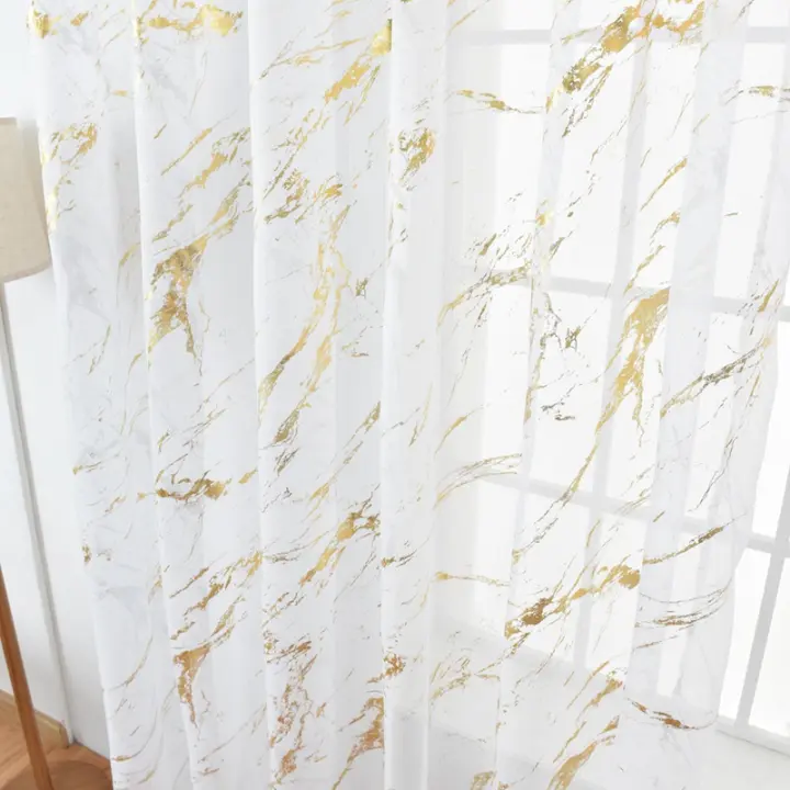 Tratamiento De Ventana De Voile Marfil Con Estampado De Oro 1 Panel Cortina Rodada Para Cocina Dormitorio Sala De Estar Balcón Estilo Pastoral 100% Poliéster - 1