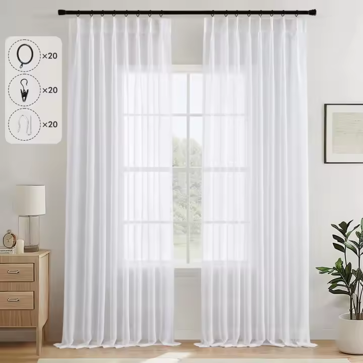 MIULEE Visillos Cortinas Translucida Efecto Lino Cortinas Plisadas con Ganchos para Sistema de Riel, Solapa Trasera para Barra, Salón Ventana Habitación Dormitorio,2 Piezas,132X225CM, Lino Blanco - 1
