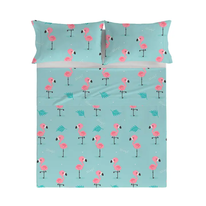 MR. WONDERFUL - Sábana encimera FLAMINGOS 100% algodón 144 hilos, ropa de cama.Disponible para cama de 90 cm (160x270 cm), 135 cm (210x270 cm), 150/160 cm ( 240x270 cm), 180 cm (270x270 cm). Fabricado en España. - 1