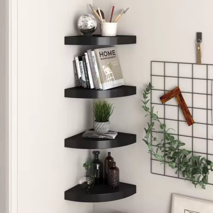 Estantes flotantes de esquina 4 uds MDF negro 25x25x3,8 cm - 1