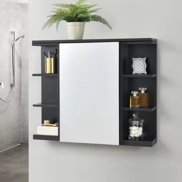 Mueble de pared para Baño - 64 x 80 x 20 cm - Armario colgante de Almacenamiento con Espejo - Auxiliar de Baño - Negro [en.casa]® - 1