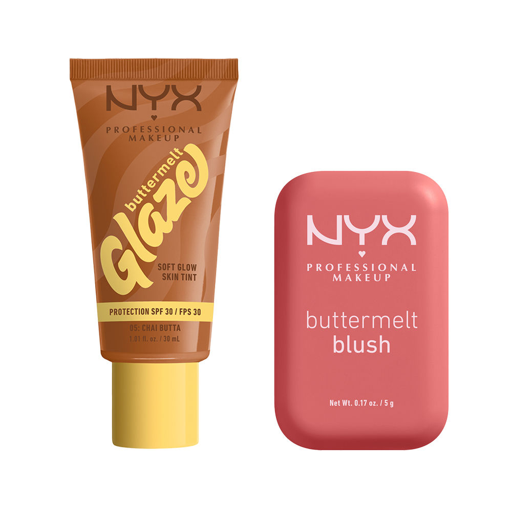 NYX Professional Makeup | Base de Maquillaje Skin tint Buttermelt Glaze Soft Glow SPF30 de NYX Professional, 30ml + Buttermelt Blush, Colorete en polvo, 12 horas de duración, resistente a la decoloración y a la transferencia