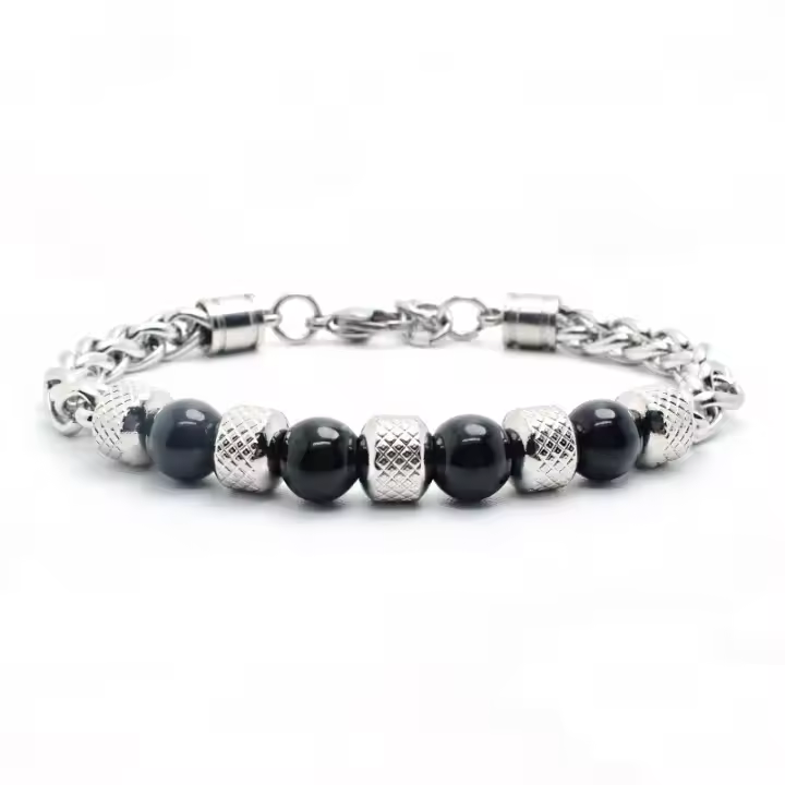 Pulsera de cadena para hombres en acero titánico ajustable con obsidiana y ojo de tigre pulsera de metal natural para hombre accesorios de moda - 1