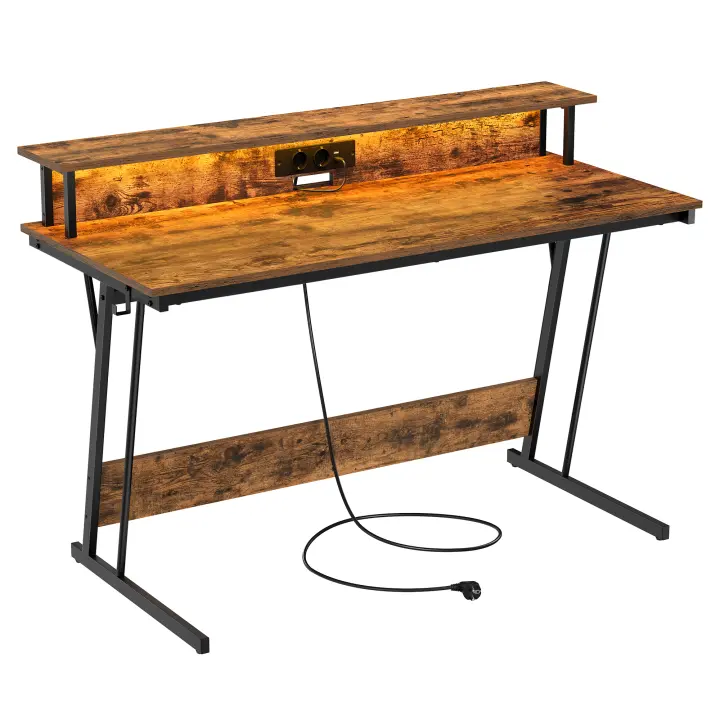 VASAGLE Escritorio para Juegos con Luces LED y Tomas de Corriente Incorporadas, Escritorio con Estante para 2 Monitores, Mesa para Oficina Dormitorio, 55 x 135 x 76 cm, Negro Ébano/Negro Carbón/Marrón Rústico - 1