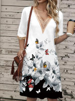Vestido Corto Impreso Verano Con Cuello V Y Encaje Talla Grande Hasta La Rodilla Para Mujer Estilo Casual Polyester - details 11