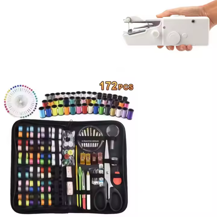 Kit de Costura Profesional (172 Accesorios) + Mini Máquina de coser de Regalo con accesorios,Ideal para Principiantes y Adultos, Accesorios de costura Premium y Funda de Transporte - 1