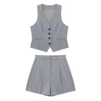 Traza Elegante Conjunto De Pantalones Solids Para Mujer Verano 2024 Sin Mangas Cuello En V Botones Vestido Top + Shorts De Cintura Alta Vintage - details 2