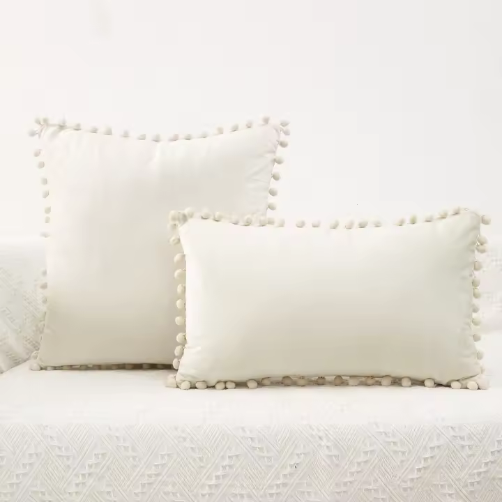 Funda De Cojín De Terciopelo Con Bola De Pompom Color Sólido 45x45cm Cómoda Para Sala De Estar Sofa Coche Decoración Del Hogar - 1