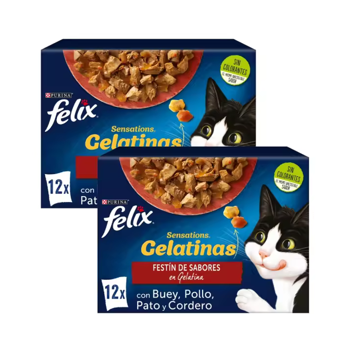FELIX - Sensations Gelatina (24x85 gr) - Comida Húmeda Festín de Sabores (Buey, Pollo, Pato y Cordero) (2 Cajas de 12x85 gr) - 1