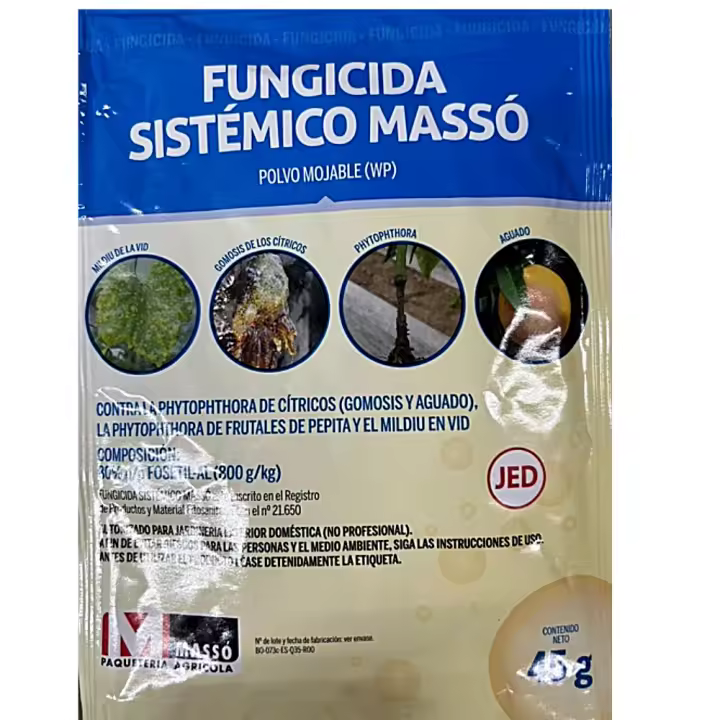 Fungicida sistémico contra la phytophthora de cítricos y el mildiu de pepino, calabacín y vid. Polvo mojable. Sobre 45g - Massó - 1
