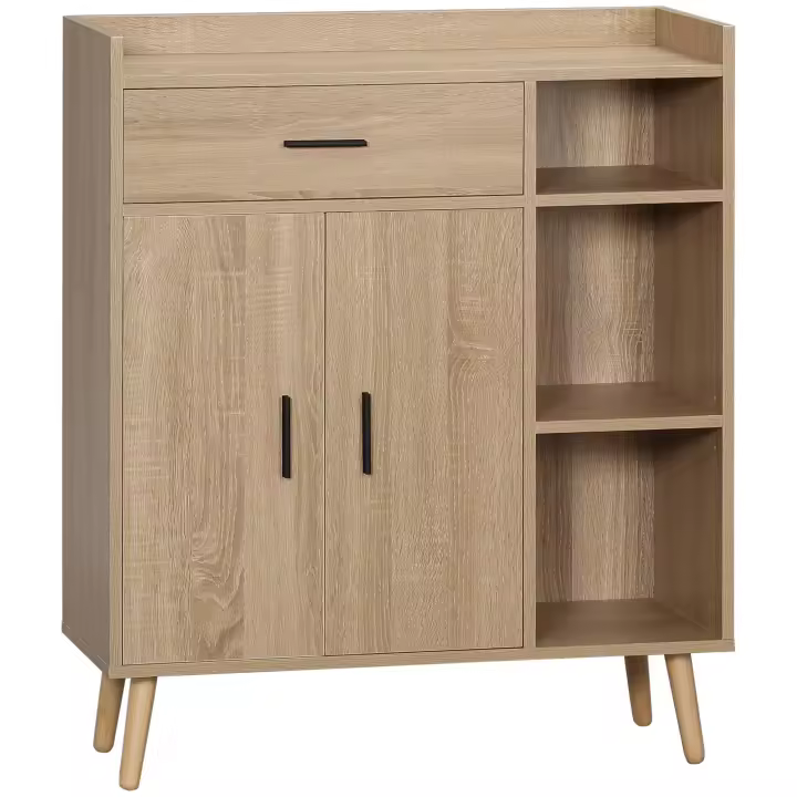 HOMCOM Aparador de Salón Moderno con 2 Puertas 1 Cajón y 3 Estantes Abiertos Mueble Auxiliar de Almacenaje para Cocina Dormitorio Entrada Antivuelco 80x30x96,5 cm Natural - 1