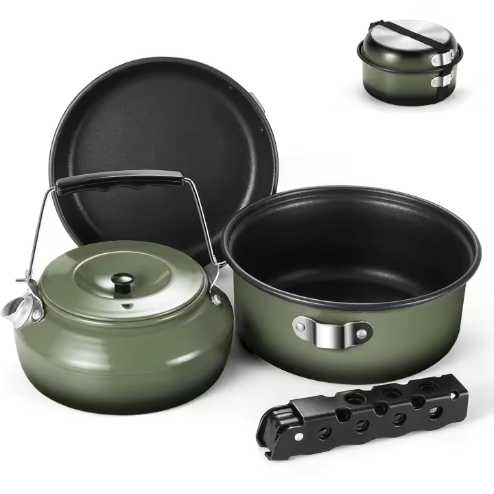 Odoland Juego de 5 Utensilios de Cocina para Camping, antiadherentes, Ligeros, con un Mango extraíble, mochileros, Camping, Senderismo y Picnic, Color Verde - 1