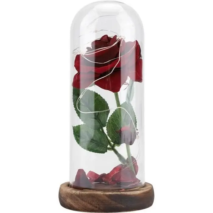 Conservas rosas, Luz LED con cubierta de Vidrio, base de Madera, regalo de San Valentín, Aniversario, Boda-Rojo - 1