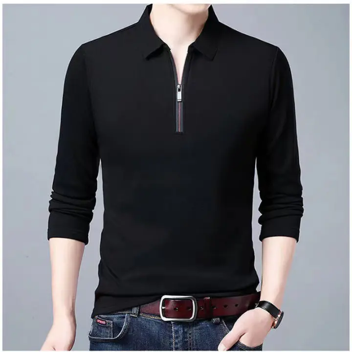 Camisa Polo Para Hombre Casual Inteligente De Manga Larga Con Cierre Y Cuello Alto Estilo De Negocios Moda Primavera Otoño Ropa Suelta - 1
