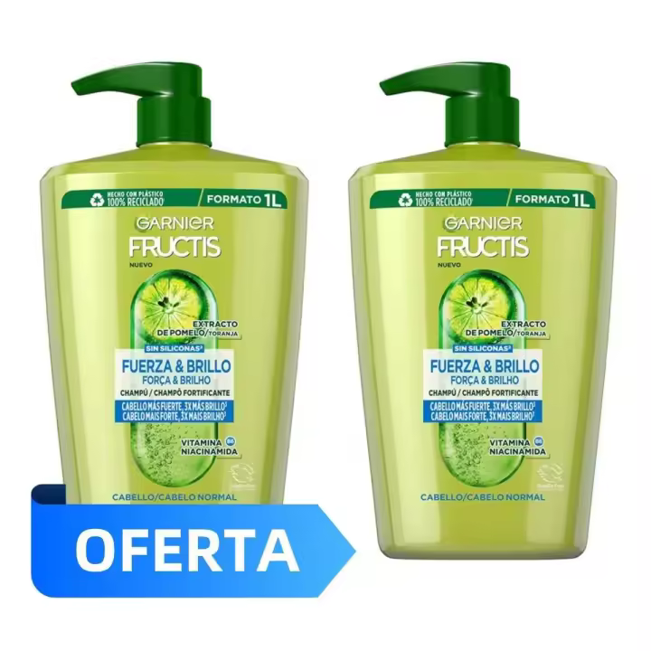 Bellas Extensiones- Super oferta Pack de 2 Champú Garnier Fructis Fuerza & Brillo XXL 1 litro+1 litro: Fortalece y revitaliza tu cabello con extracto de pomelo y vitaminas B6 y niacinamida  Cabello más fuerte, sano y brillante  Envase 100% reciclado - 1