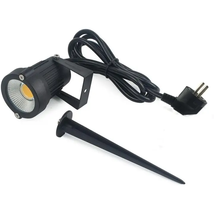 Pack de iluminación exterior para exteriores, 5 W, focos LED COB para jardín, césped, pared, patio, camino, con soporte con pinchos y adaptador de enchufe (blanco cálido) - 1