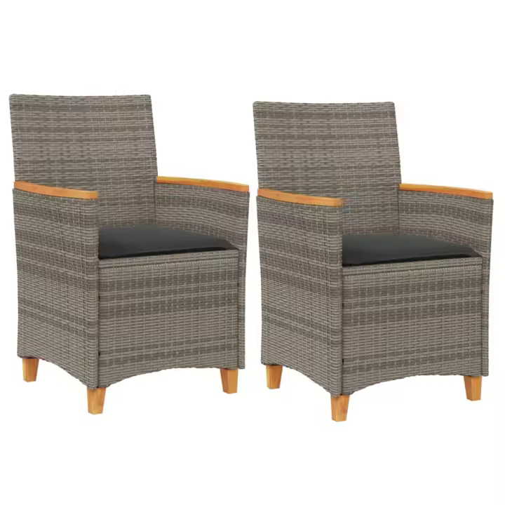 vidaXL Sillas de jardín y cojines 2 uds ratán PE gris y madera maciza - 1