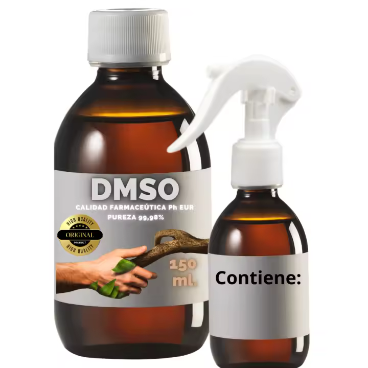 DMSO 150 ml. Futuevo® | Dimetilsulfóxido Calidad Farmacéutica Ph Eur 99,98% de Pureza | Con Gotero | Regalo Frasco125ml (vacío) + Difusor + Vasito Dosificador | Frascos Ámbar de Laboratorio | Precinto de Seguridad - 1