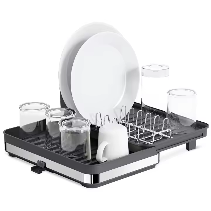 JUPPLIES Escurreplatos Plegable de Acero Inoxidable con Soporte para Cubiertos Extraible - Escurridor De Platos para Fregadero con Drenado al Fregadero, Diseño Moderno, Escurre Platos Negro. - 1