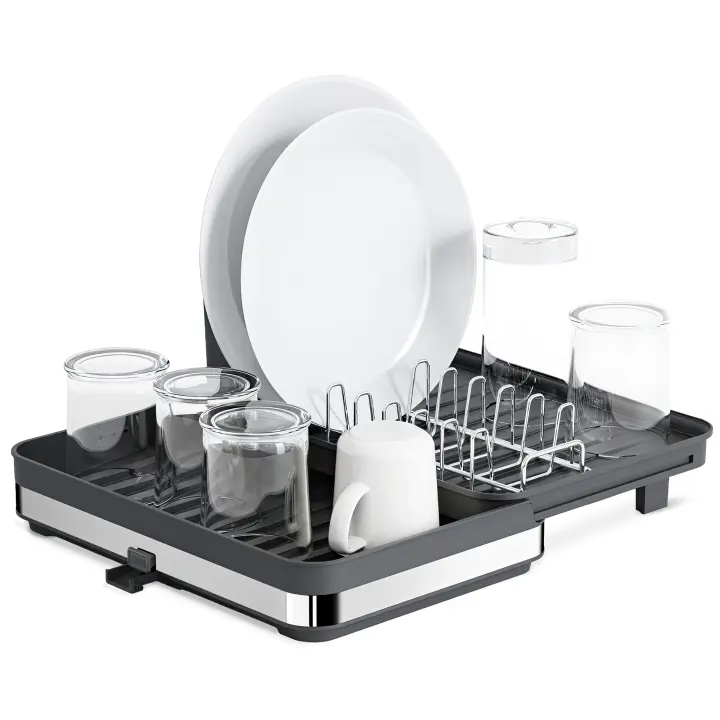 JUPPLIES Escurreplatos Plegable de Acero Inoxidable con Soporte para Cubiertos Extraible - Escurridor De Platos para Fregadero con Drenado al Fregadero, Diseño Moderno, Escurre Platos Negro. - 1
