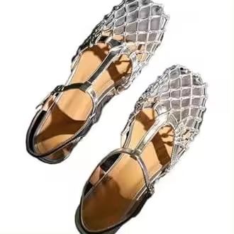 Sandalias Mujer Sandalias retro con punta cerrada plateada de malla hueca dorada para todo fósforo para mujer con hebilla trasera hueca zapatos de mujer de tacón bajo(Plata,36) - 1