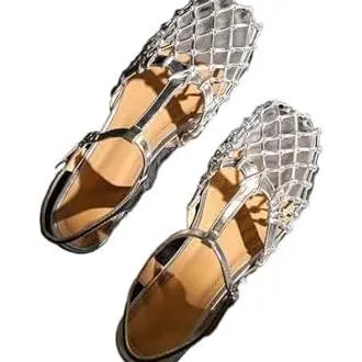 Sandalias Mujer Sandalias retro con punta cerrada plateada de malla hueca dorada para todo fósforo para mujer con hebilla trasera hueca zapatos de mujer de tacón bajo(Plata,36) - 1