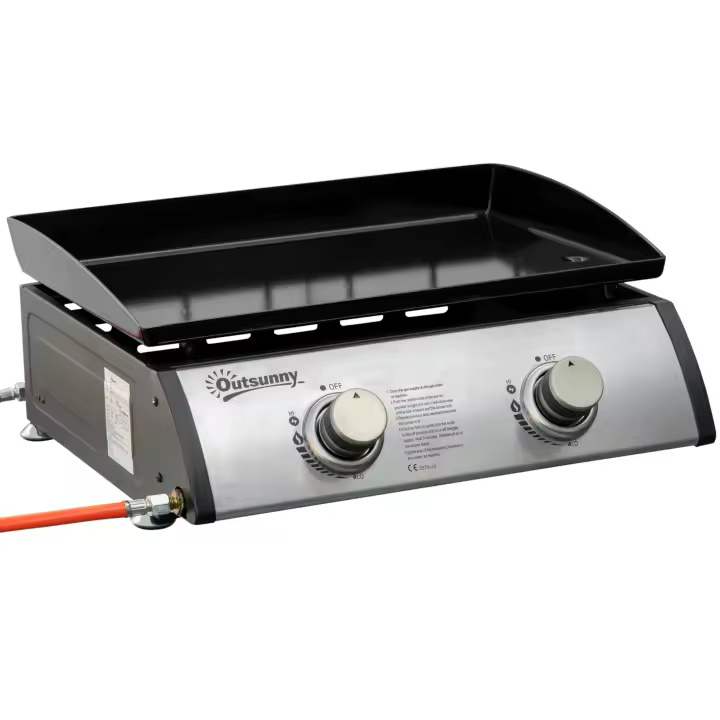 Outsunny Plancha de Gas Sobremesa con 2 Quemadores de Acero Inoxidable 6kW Barbacoa Portátil con Plancha para Picnic Camping 48,5x46x21cm Negro Plata - 1
