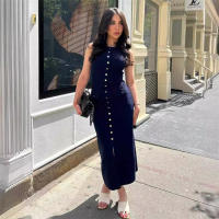 Vestido Largo De Verano Elegante Para Mujer Con Cuello Redondo Y Sin Mangas Tejido De Lana Chic Para Comunicación Traje Feminino - details 4