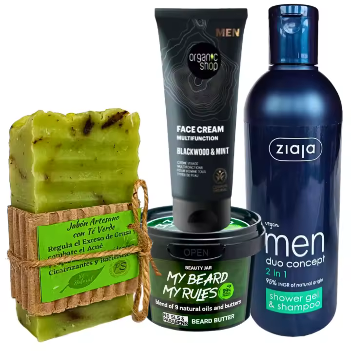 Pack Ahorro Hombre. Crema Facial, Aceite Suavizante Barba, Champú y Gel 2 en 1 y Jabón Artesano Té Verde. PS Cosmética Natural. Ecológicos, Nutritivos. Cuidan la piel del Hombre - 1