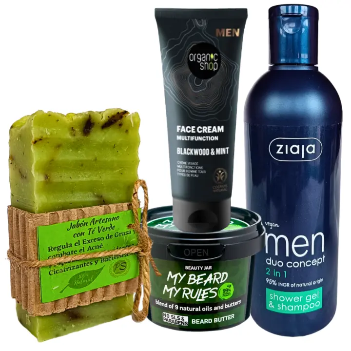 Pack Ahorro Hombre. Crema Facial, Aceite Suavizante Barba, Champú y Gel 2 en 1 y Jabón Artesano Té Verde. PS Cosmética Natural. Ecológicos, Nutritivos. Cuidan la piel del Hombre - 1