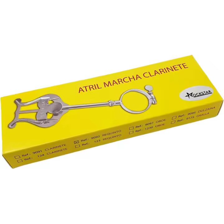 ROCKSTAR MUSIC - Atril de Marcha para Requinto y Clarinete, R9092 de Metal para fijar al cuerpo, porta partituras para instrumento de viento, con argolla, color plateado. Hecho en España - 1