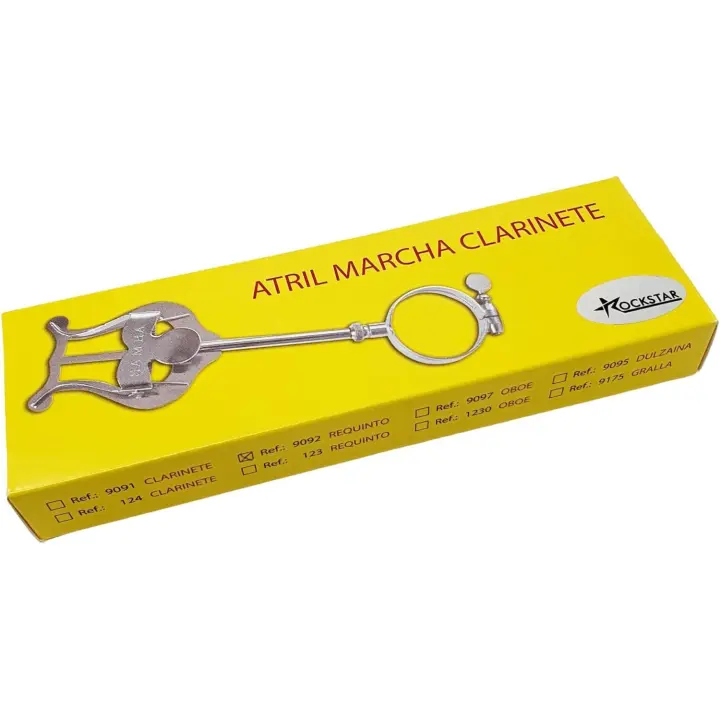 ROCKSTAR MUSIC - Atril de Marcha para Requinto y Clarinete, R9092 de Metal para fijar al cuerpo, porta partituras para instrumento de viento, con argolla, color plateado. Hecho en España - 1
