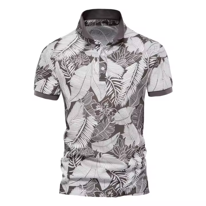 Novedad de verano para hombre, top con estampado de hojas, camisa POLO de moda de talla europea con solapa de manga corta para hombre - 1