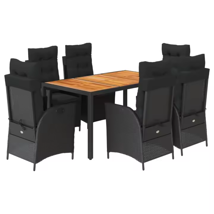 vidaXL Set de comedor de jardín 7 pzas y cojines ratán sintético negro - 1