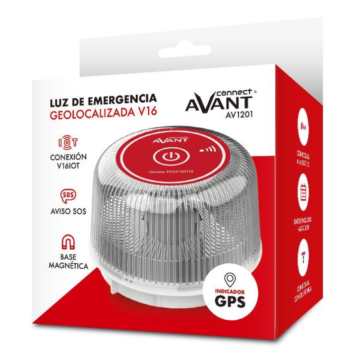 Avant AV1201 - Luz Emergencia Coche Homologado DGT, con SIM y Datos Pagados hasta 2038, Baliza V16 Homologada DGT. con Geolocalizador,Aprobada por DGT,base magnética y visibilidad 360°. Compacta, resistente al agua (IP54) y con autonomía de hasta 3 horas.