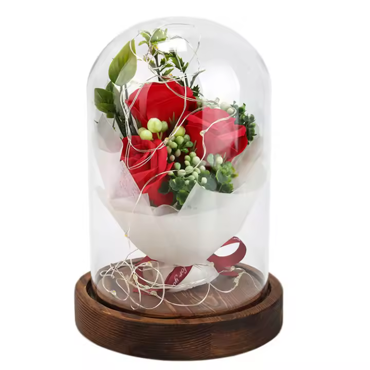 Rosa en vaso Rosa eterna de cristal con luz LED en cúpula de cristal - 1