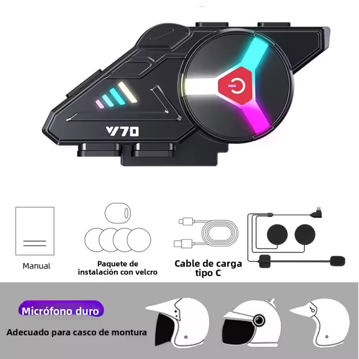 Auriculares Para Casco Motocicleta Bluetooth 5.3 Y70 Con Luz RGB IP66 Impermeable Soporta Conectar Dos Teléfonos Simultáneamente - 1