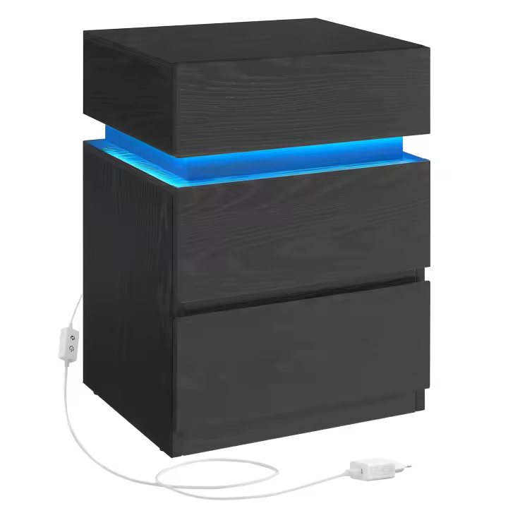 VASAGLE Mesita de Noche con Tira de Luz LED Multicolor Variable, 3 Cajones, Mesa Auxiliar, Estilo Moderno, 35 x 40 x 55 cm, Negro con Veta de Madera/Blanco - 1