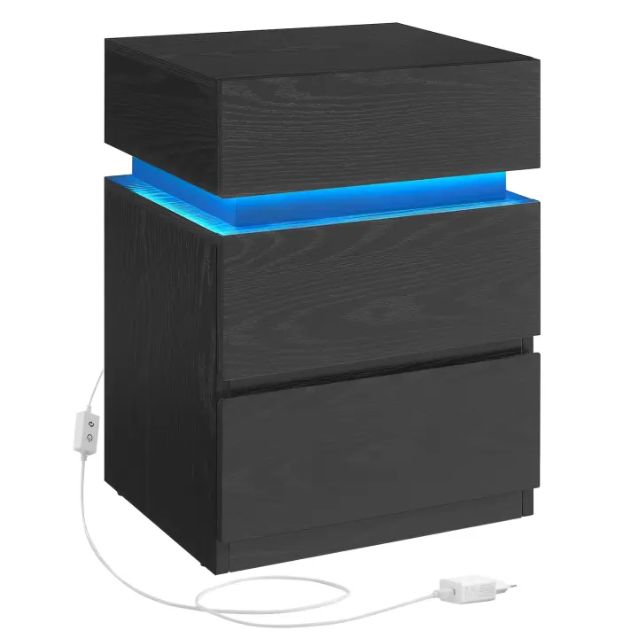 VASAGLE Mesita de Noche con Tira de Luz LED Multicolor Variable, 3 Cajones, Mesa Auxiliar, Estilo Moderno, 35 x 40 x 55 cm, Negro con Veta de Madera/Blanco - 1
