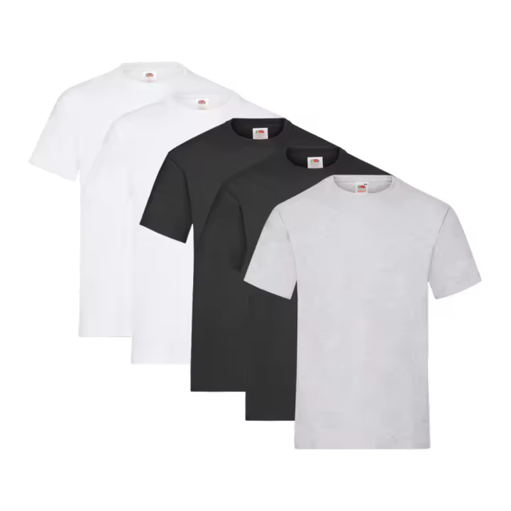 Fruit of the Loom Heavy Cotton - Camiseta Manga Corta para Hombre (Pack de 5 unidades) - 2 Blanco / 2 Negro / 1 Gris Jaspeado - 1