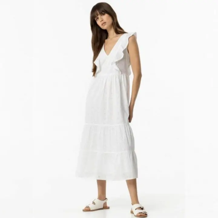 Vestido blanco midi Tiffosi con escote pico, volantes y lazo en la espalda. - 1
