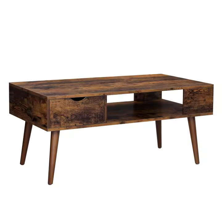 Mesa de Café con Cajón y Compartimento Abierto - 100x50x45 cm, Patas Elegantes, Ideal para Sala de Estar y Comedor, Marrón Rústico - 1
