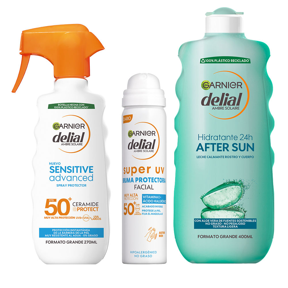 GARNIER | Delial Spray Protector Sensitive Advanced Adultos crema solar para pieles claras, sensibles e intolerantes al sol IP50+ +SUPER UV FPS50+ Bruma Protectora Facial + After Sun Leche Calmante Rostro y Cuerpo Con Aloe Vera - 270+75+400ML