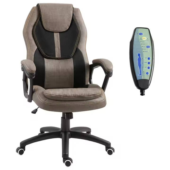 Vinsetto Silla de oficina con masaje Vinsetto, cómoda silla de oficina, altura ajustable, giratoria 360°, poliéster, PU, gris y marrón - 1