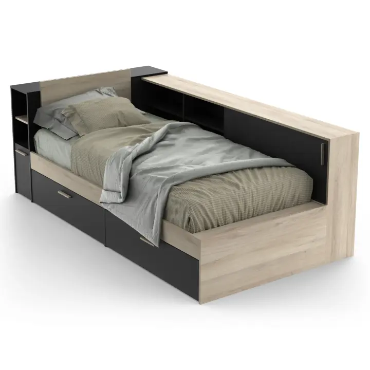 Miroytengo Cama Life Individual Con Almacenaje Dormitorio Juvenil Negro Y Roble Kronberg 90x190-200 Cm - 1